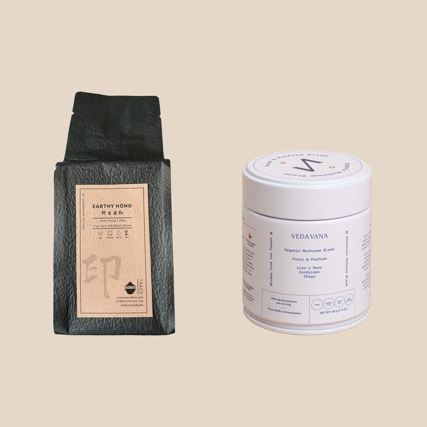 The NaturalEnergy bundle with Earthy Hong tea and the Veda Vana Focus & Perform mushroom blend on a beige background.