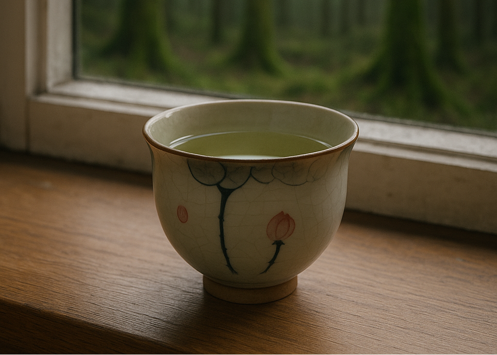 A porcelain tea cup with hand-painted floral details, filled with green tea, resting on a wooden windowsill with a soft forest view beyond the glass.