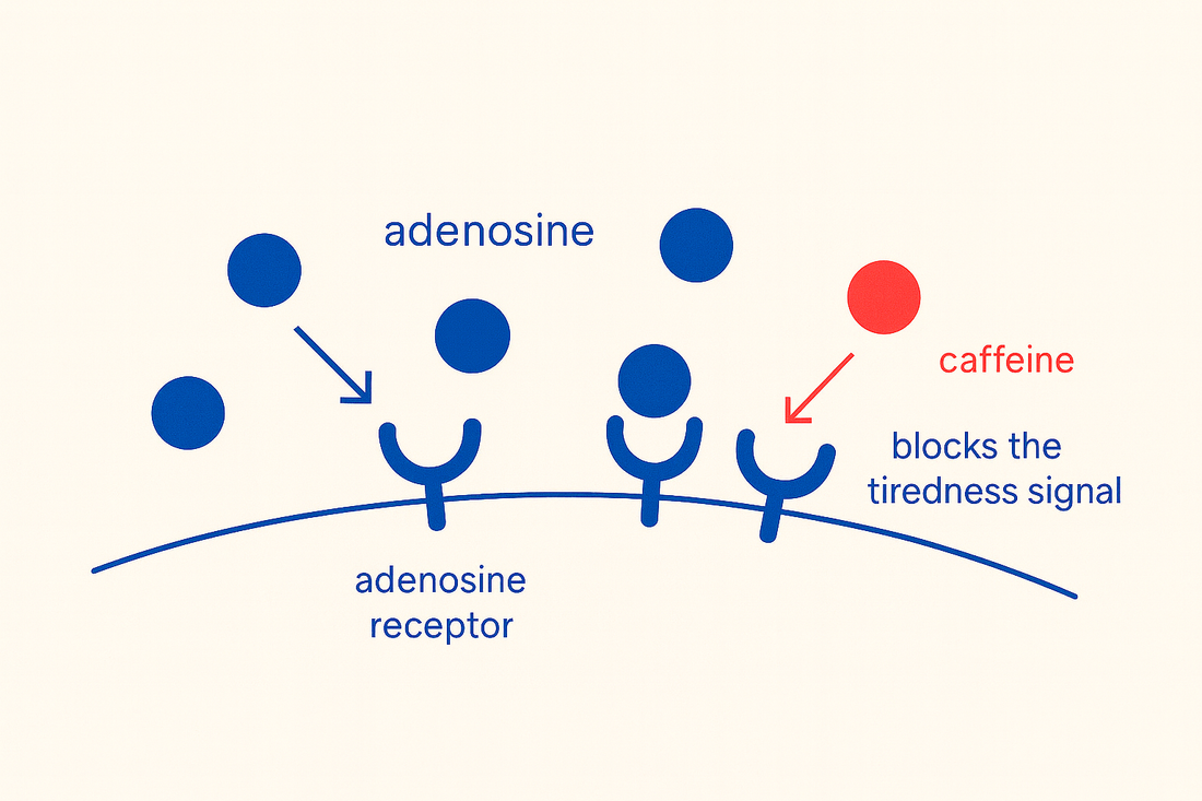 Minimalist illustration showing blue adenosine molecules binding to adenosine receptors on a cell membrane, and a red caffeine molecule blocking a receptor to prevent the tiredness signal.