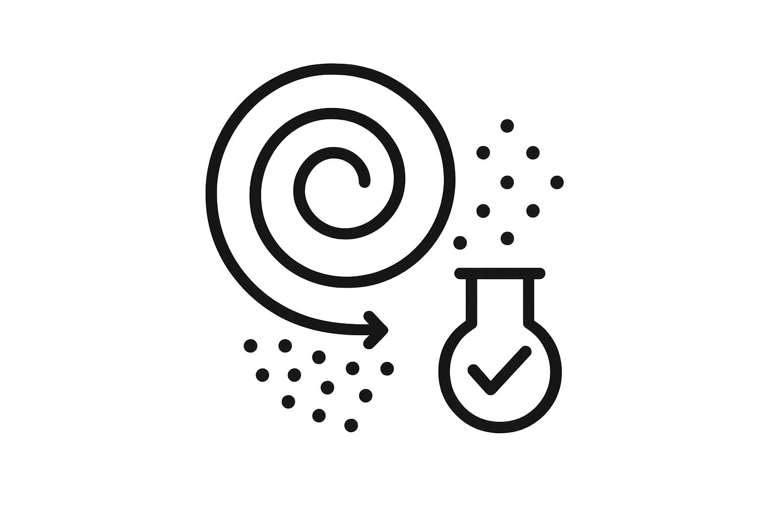 I need a simple, minimalic icon black and white and transparant capturing the essence of the dry powered and testing process, no need to show everything in an icon just the essence. 85 - 200℃ air temperature circular spray dry, and further powdered, and tested before packing and sent to EU-organically compliant warehouse.