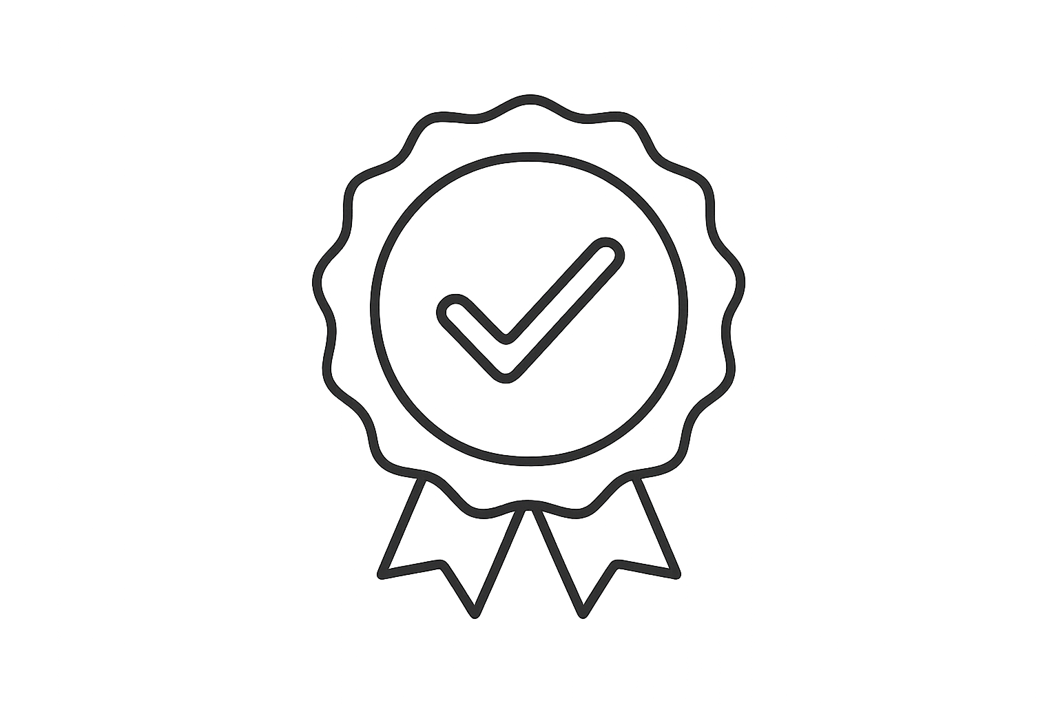 Minimalist, thin line art icon of a certificate or badge with a checkmark in the center, symbolizing satisfaction guarantee. Black outline, no background, clean modern style, elegant and balanced, consistent stroke weight, vector-style, high-contrast, perfect for website use, simple and recognizable at small sizes.