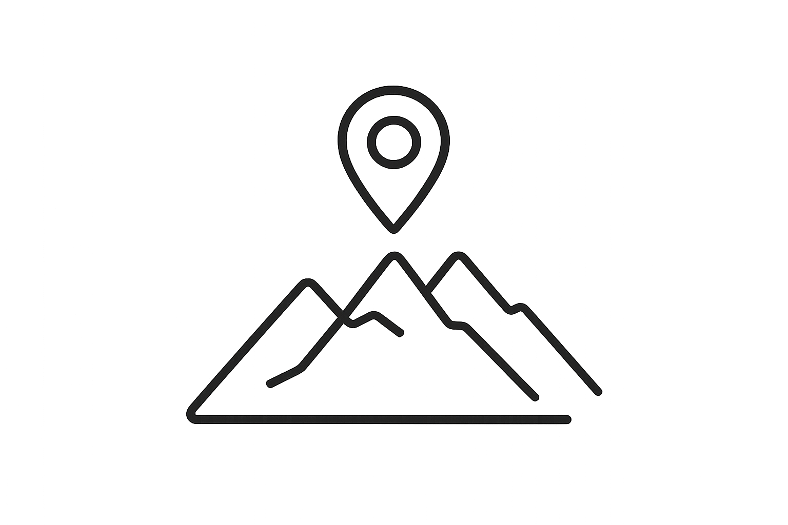 Minimalist, thin line art icon of a mountain range outline with a small location pin above it, symbolizing origin and sourcing from premium regions. Black outline, no background, clean modern style, elegant and balanced, consistent stroke weight, vector-style, high-contrast, perfect for website use, simple and recognizable at small sizes.