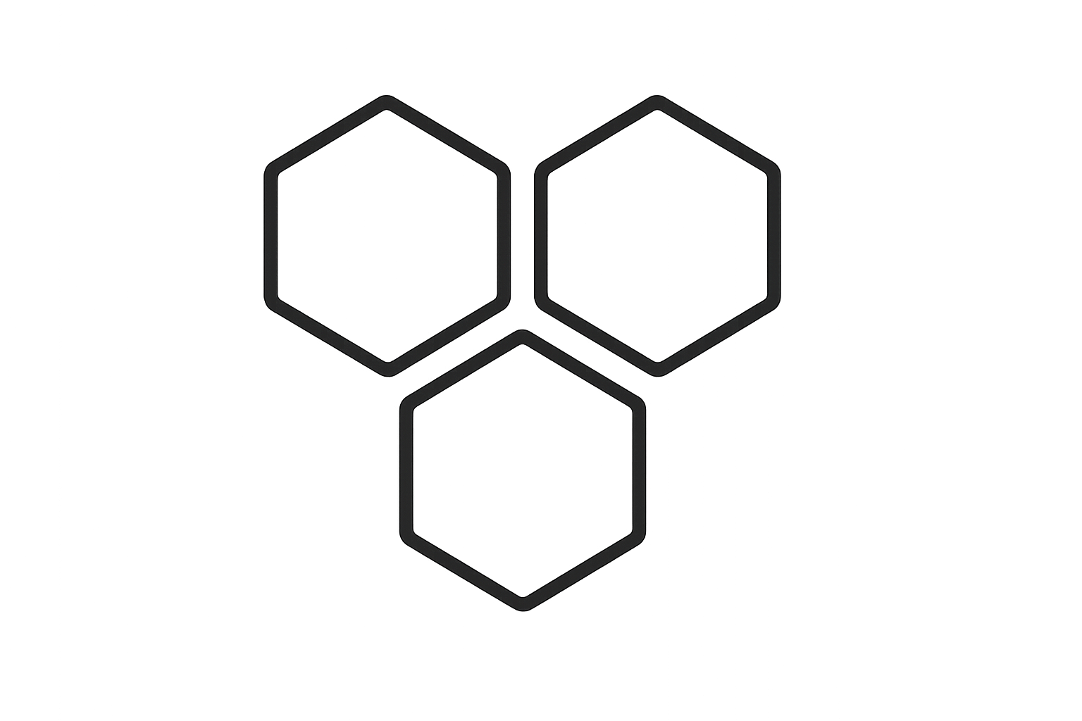 Minimalist, thin line art icon of a simple hexagonal molecule structure with 3–4 connected rings, symbolizing standardized active compounds and potency, black outline, no background, clean modern style, elegant and balanced, consistent stroke weight, vector-style, high-contrast, perfect for website use, simple and recognizable at small sizes.