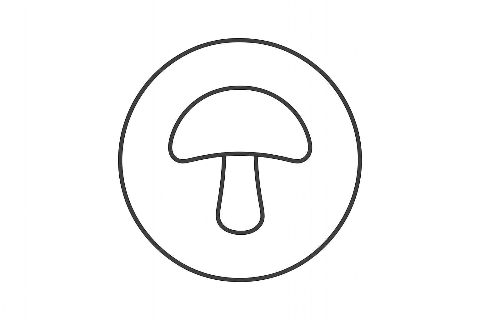 Minimalist, thin line art icon of a simple mushroom cap outline inside a circle, black outline, no background, clean modern style, elegant and balanced, consistent stroke weight, vector-style, high-contrast, perfect for website use, simple and recognizable at small sizes.