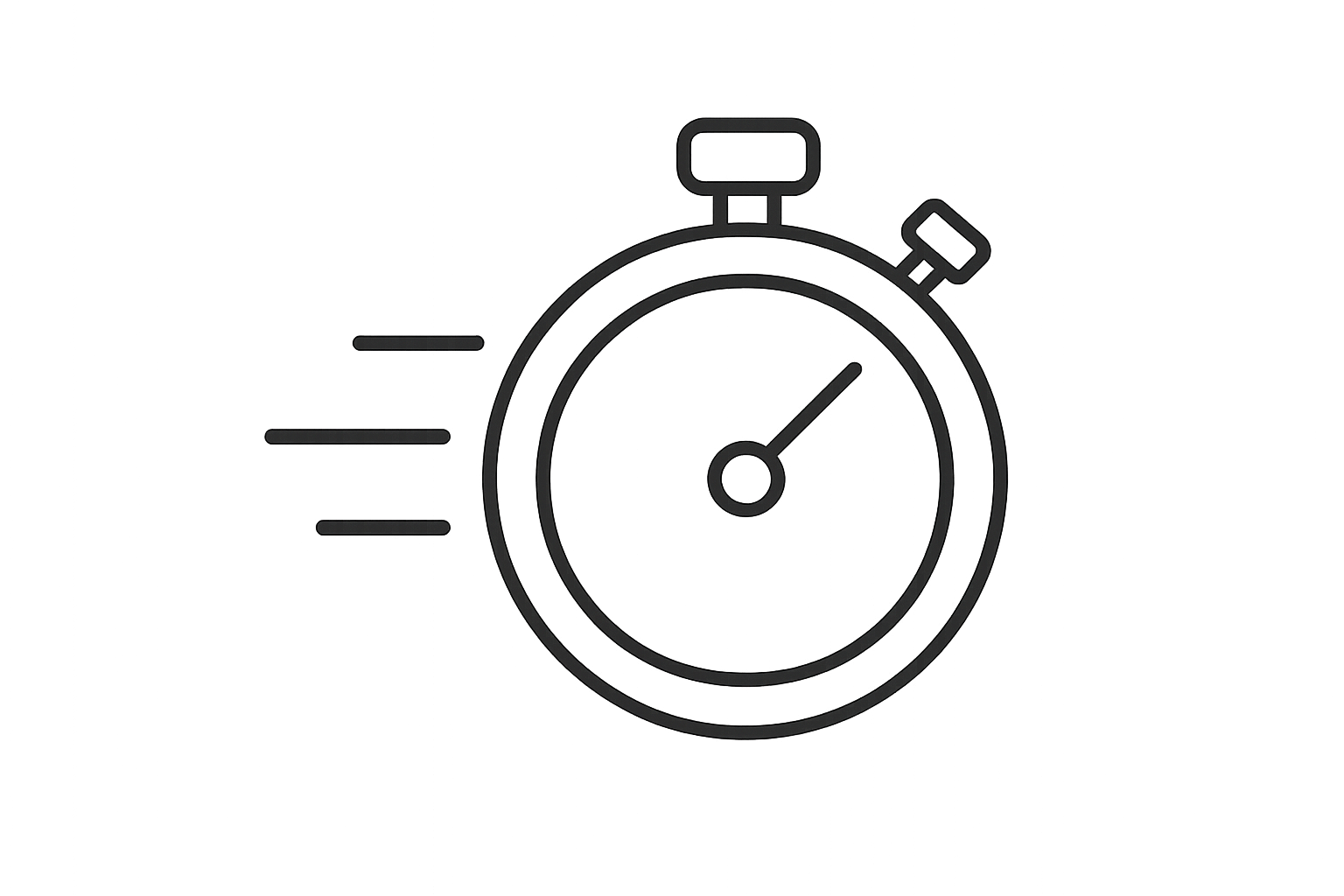 Minimalist, thin line art icon of a stopwatch with subtle motion lines, symbolizing fast delivery. Black outline, no background, clean modern style, elegant and balanced, consistent stroke weight, vector-style, high-contrast, perfect for website use, simple and recognizable at small sizes.