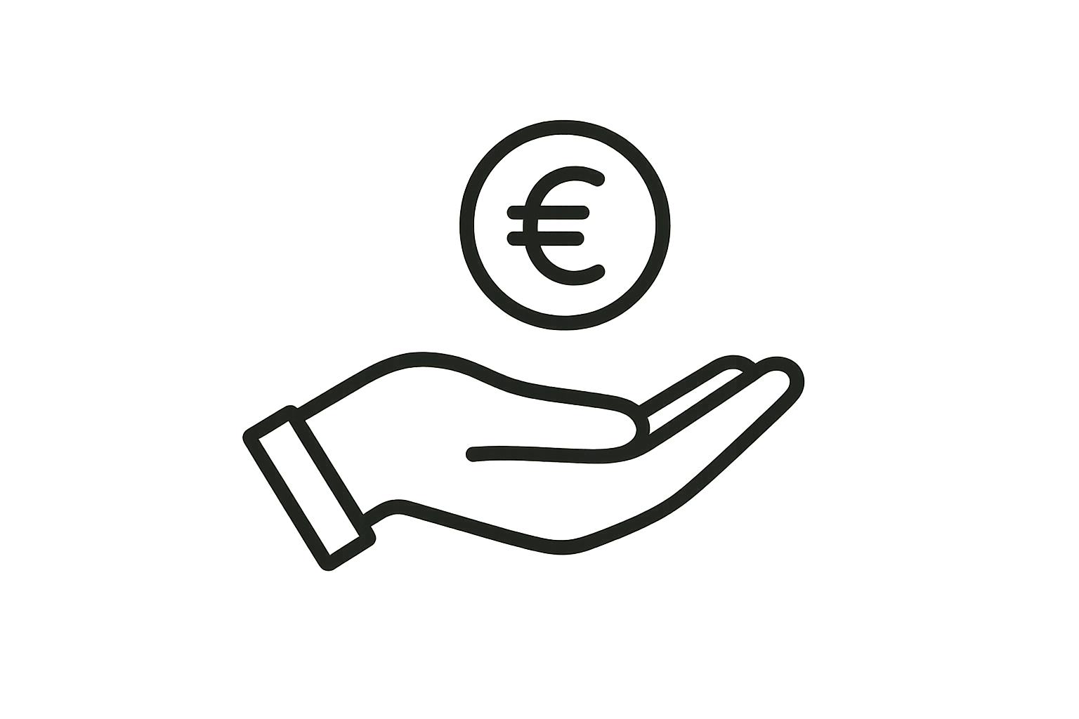 Minimalist, thin line art icon of an open hand with a euro coin hovering above it, symbolizing money-back guarantee and customer protection. Black outline, no background, clean modern style, elegant and balanced, consistent stroke weight, vector-style, high-contrast, perfect for website use, simple and recognizable at small sizes.