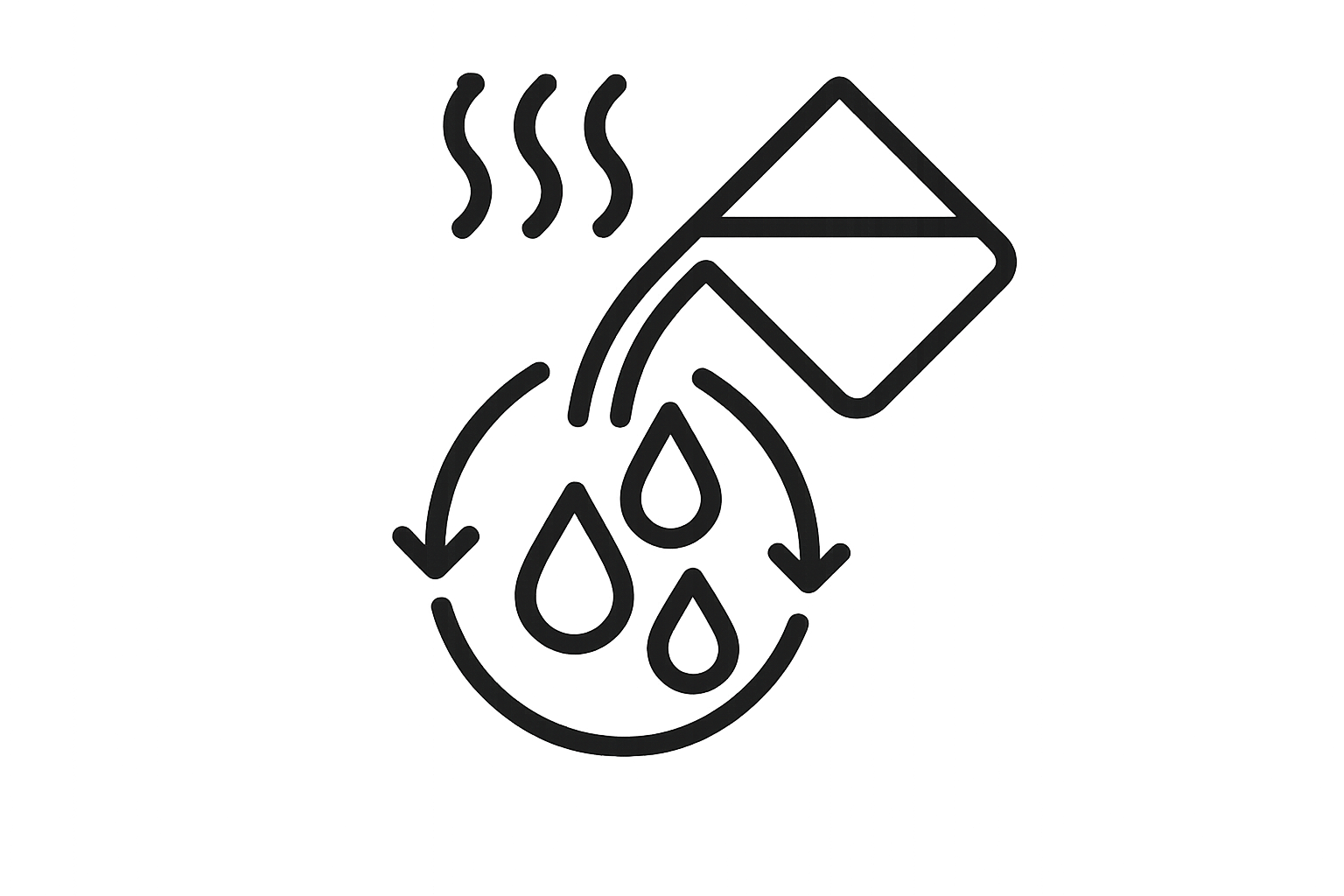 Please make simple black and white minimalistic, transparant, lucide like icon of Hot water extraction. Purified hot water at 100℃.at multiple rounds at optimal time duration to access water soluble nutrients . 