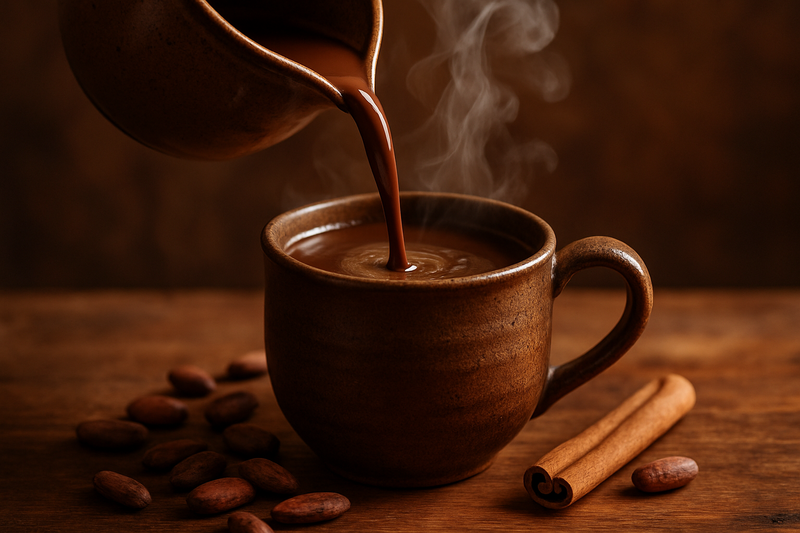 restoring cacao drink picture for a recipe. a mug and comforting steamy cacao drink being poored in