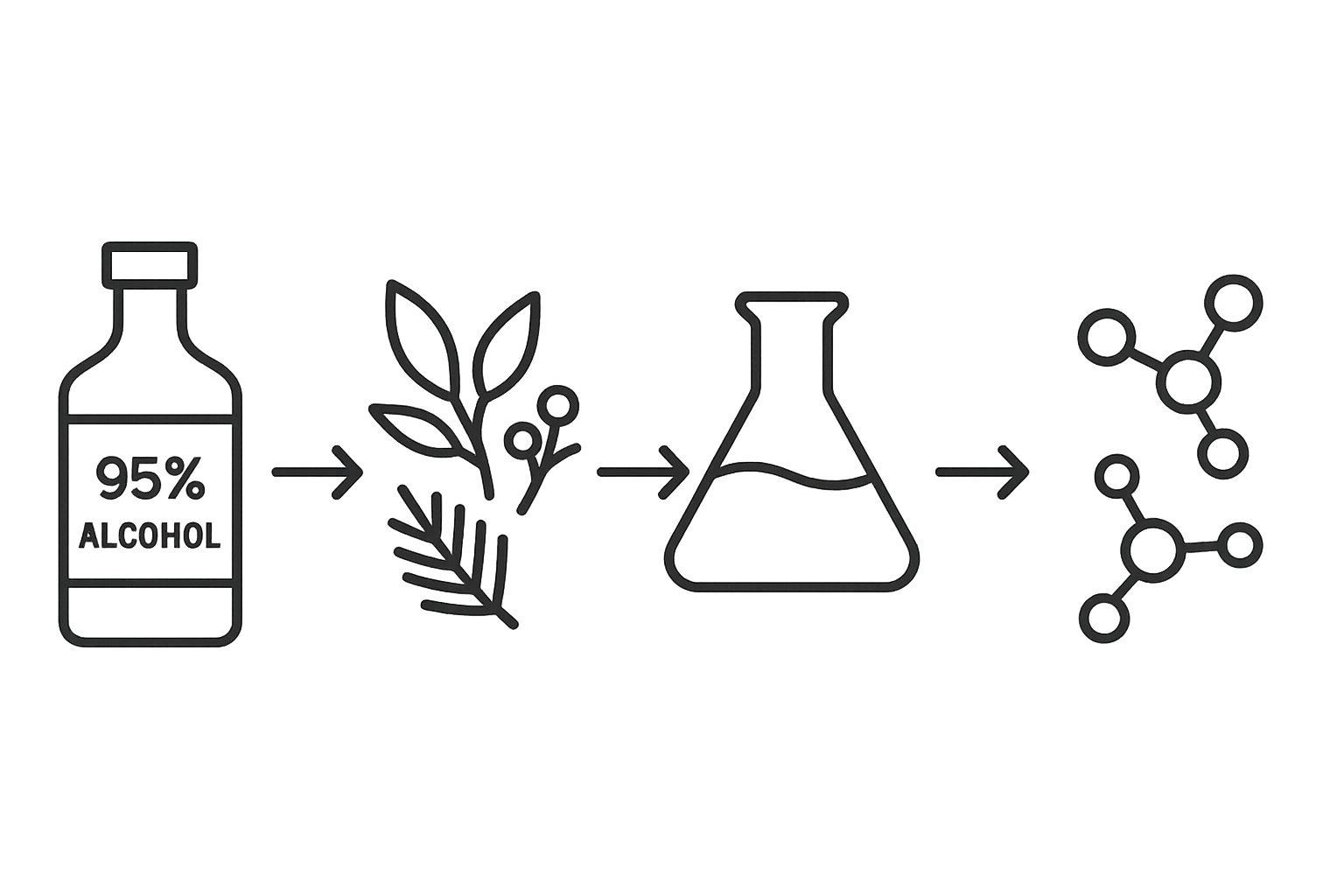 Simple, minimalistic, transparant black and white icons like Lucide that shows alcohol extraction process: 95% alcohol solution used to dissolve and extract bioactive compounds that is not available in water extraction, ensuring a complete and potent product.