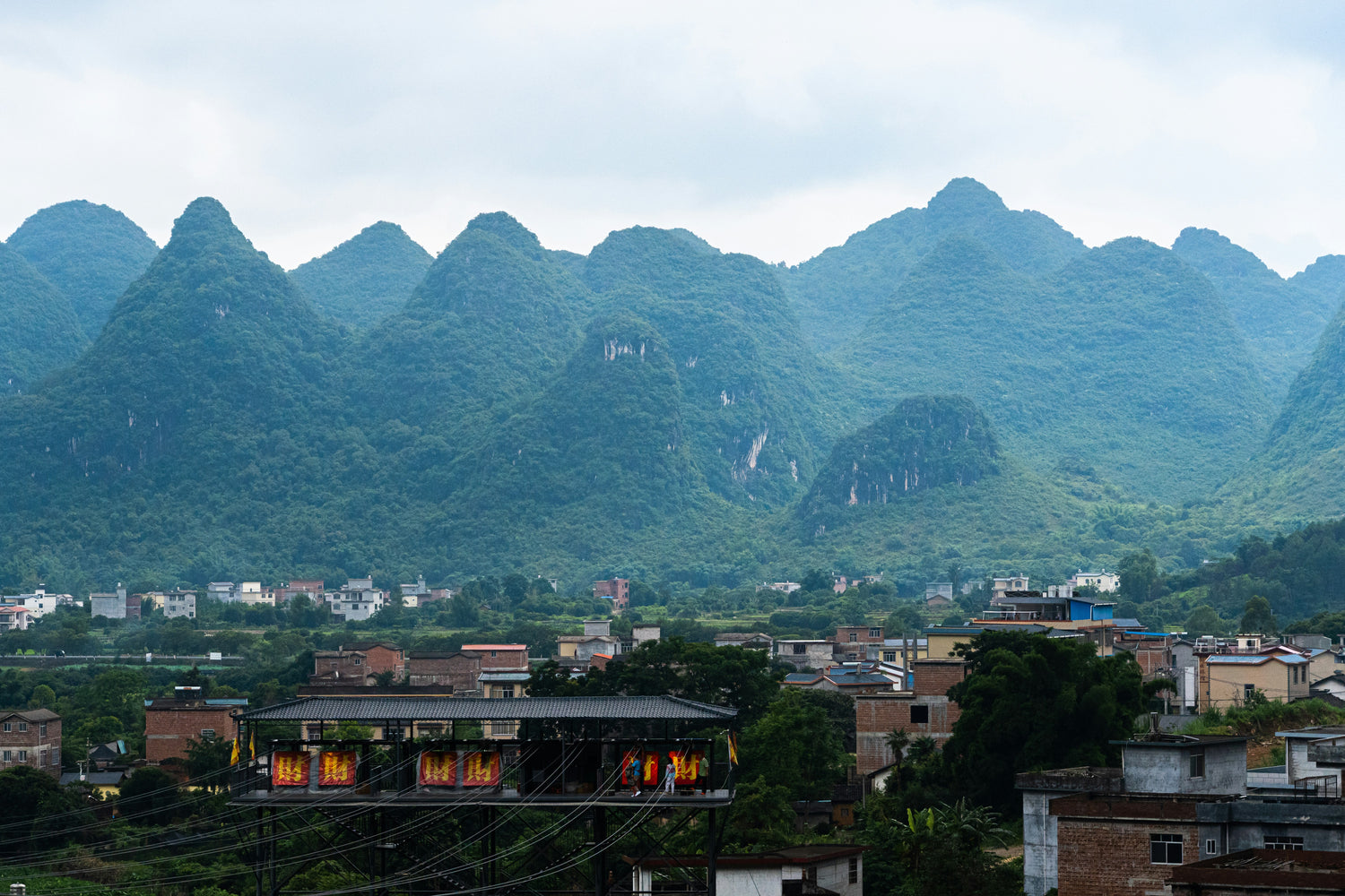 Mountain landscape with village in southern China.