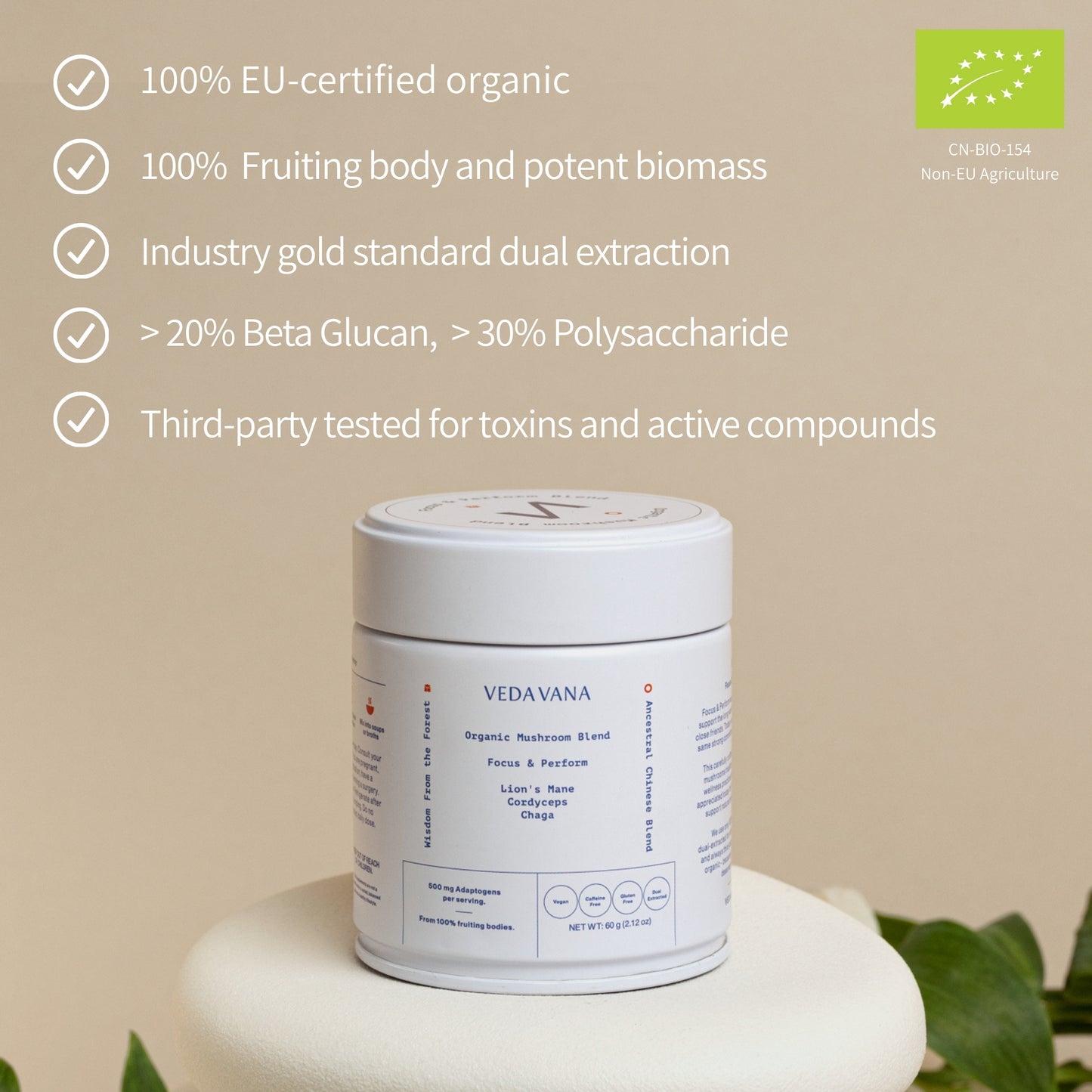 Veda Vana Focus & Perform organic mushroom blend, EU-certified, dual-extracted, and third-party tested for purity and potency.