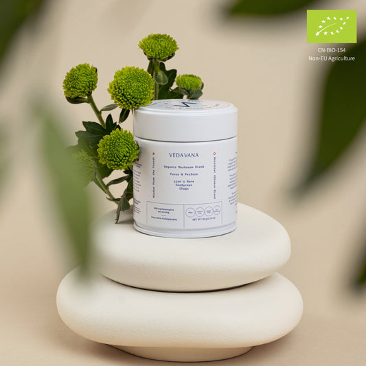 Veda Vana Focus & Perform organic mushroom powder with Lion’s Mane, Cordyceps, and Chaga, designed for clarity and energy.