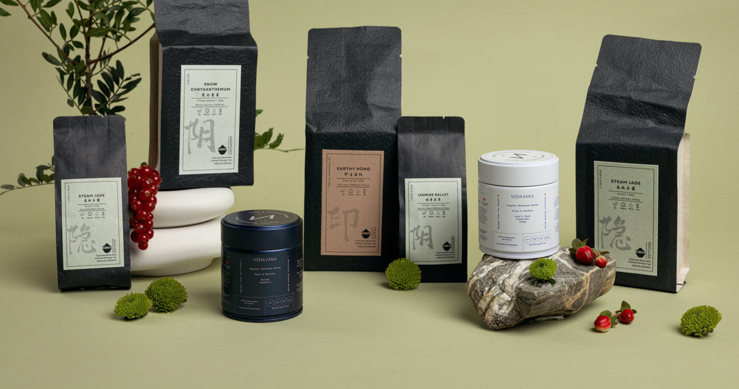 Veda Vana organic functional mushroom powders and premium Chinese teas, including Focus & Perform, Rest & Restore, and Yin Cha Snow Chrysanthemum, Dian Hong, Steam Jade, and Jasmine Ballet.