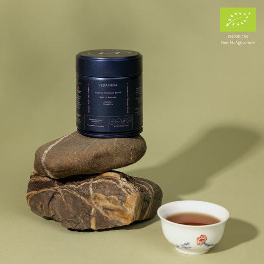 Veda Vana Rest & Restore organic mushroom powder with Reishi and Tremella, supporting calm, balance, and restorative sleep.