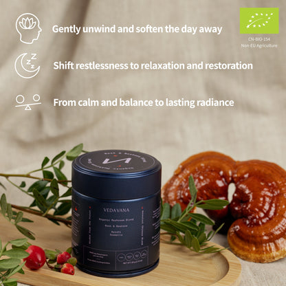 Veda Vana Rest & Restore blend featuring Reishi and Tremella mushrooms, promoting relaxation, balance, and restoration.