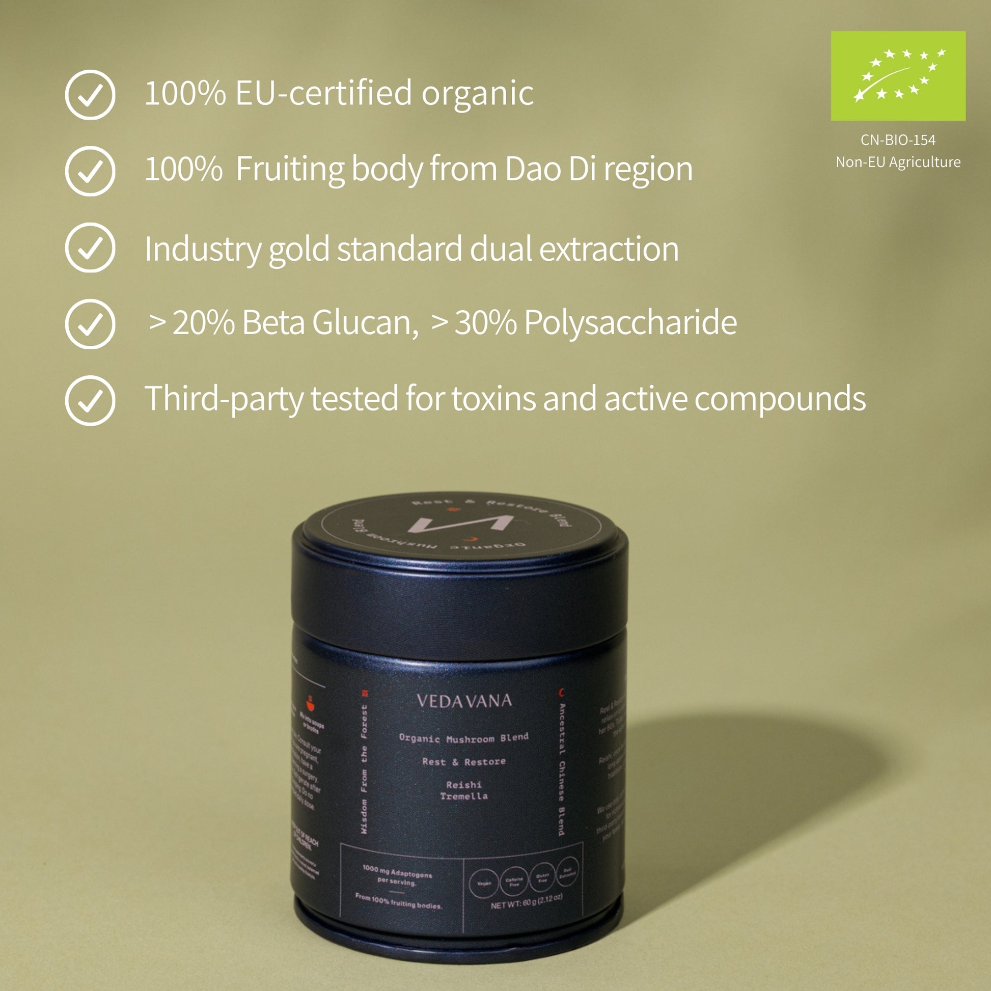 Veda Vana Rest & Restore organic mushroom extract with Reishi and Tremella, EU-certified, dual-extracted, and third-party tested for purity and potency.