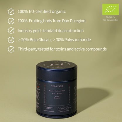 Veda Vana Rest & Restore organic mushroom extract with Reishi and Tremella, EU-certified, dual-extracted, and third-party tested for purity and potency.